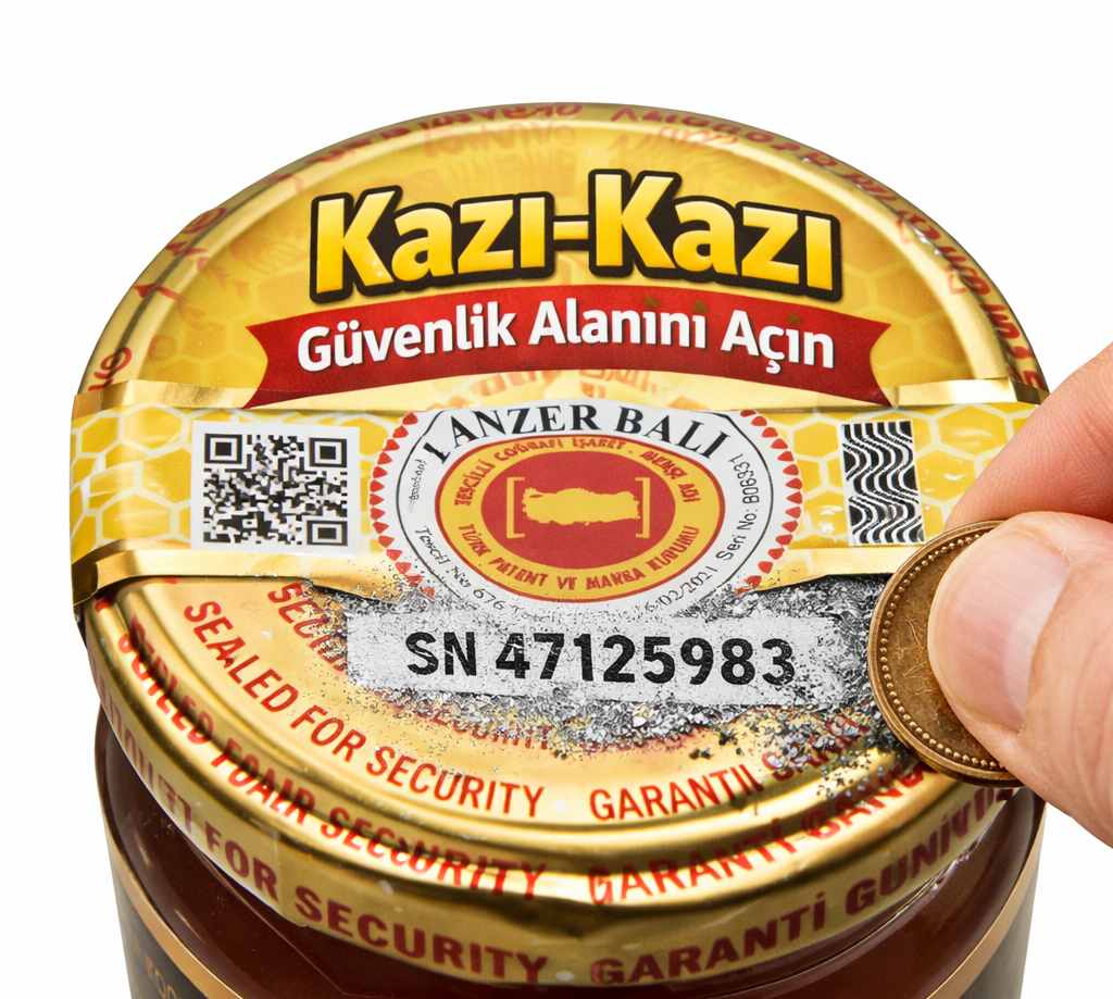 Anzer balı kapağındaki kazı kazı güvenlik alanı ve seri numarası doğrulama